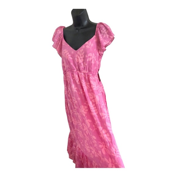 Pink floral motif flutter sleeve v-neck fit and flare maternity dress size large - Picture 3 of 13